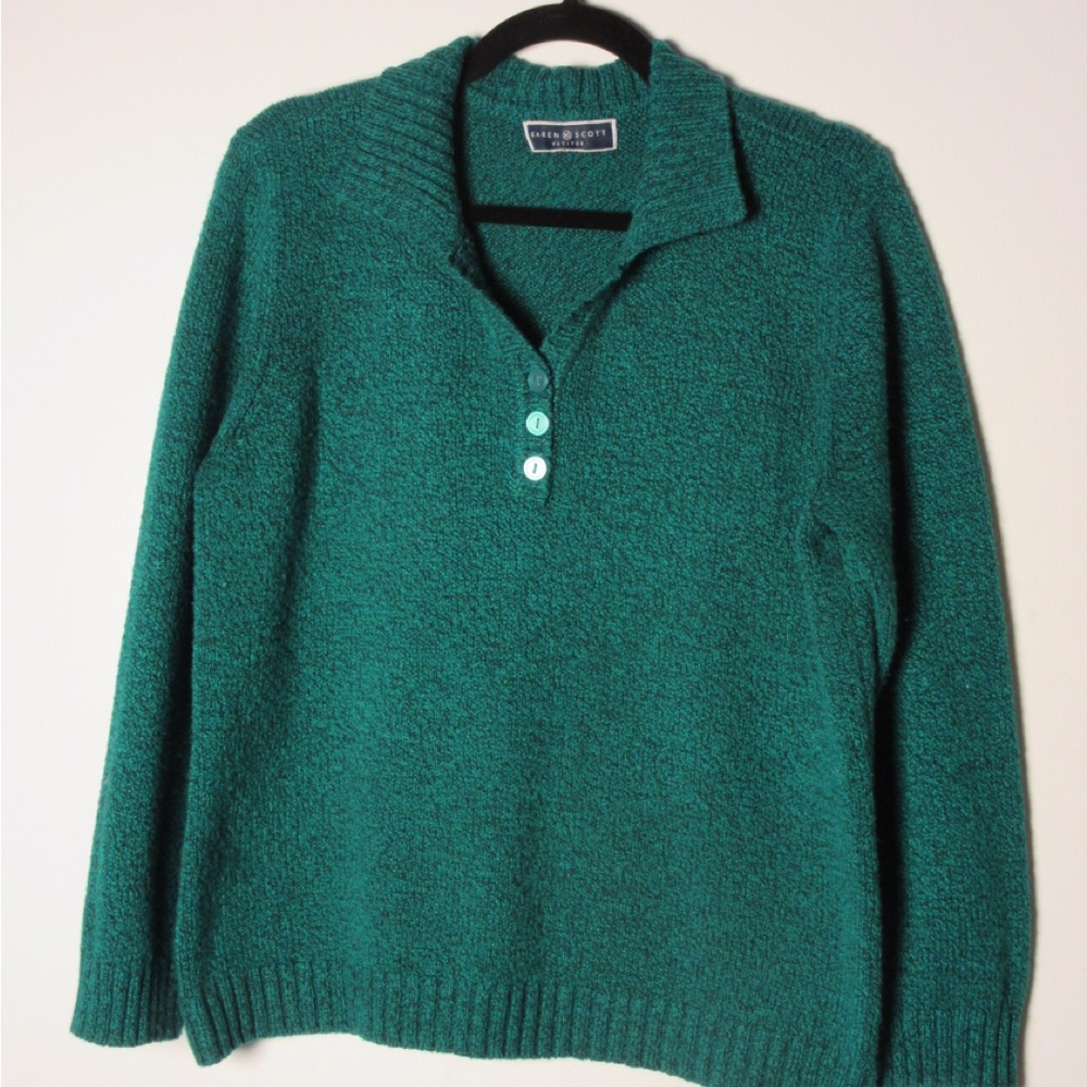 Karen Scott Teal Green V-Neck Button Collar Sweater